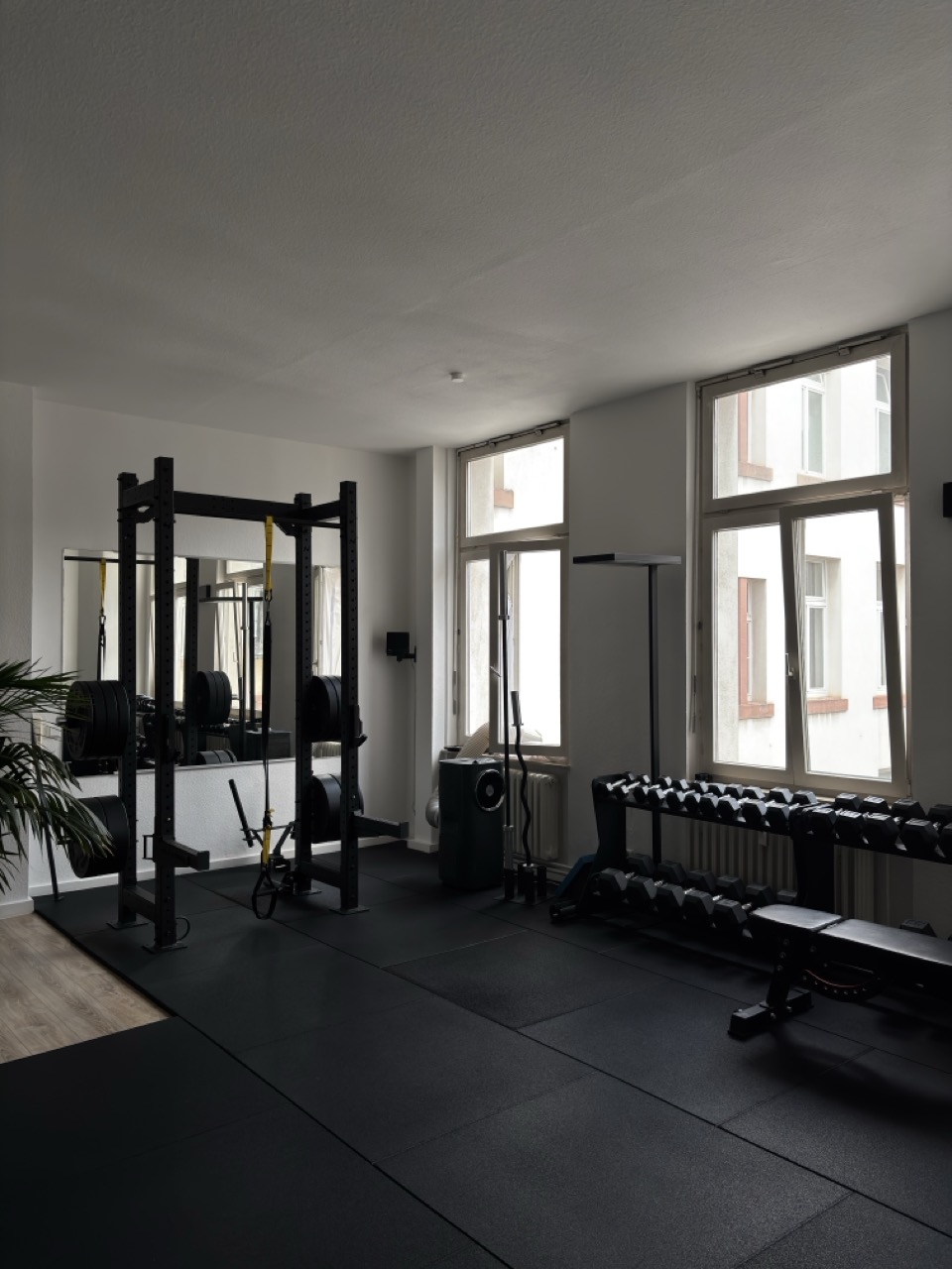 Private Trainingsfläche mit Power Rack, Spiegel, Kurzhanteln und Hantelbank